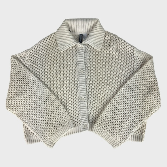 H&M Beige Open-Knit Button-Down Cardigan with Ribbed Collar - Picture 4 of 11